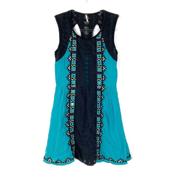 Free People | Water Lily Turquoise Black Crochet Embroidered Aztec Mini Dress - Picture 1 of 6
